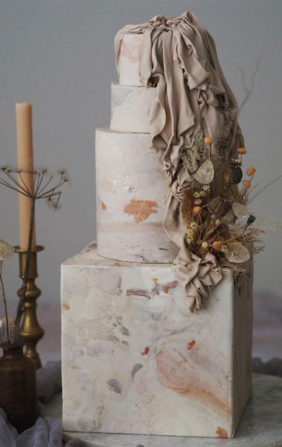 50 Artistic Masterpiece Wedding Cakes : White Three Tier with Gold Leaf