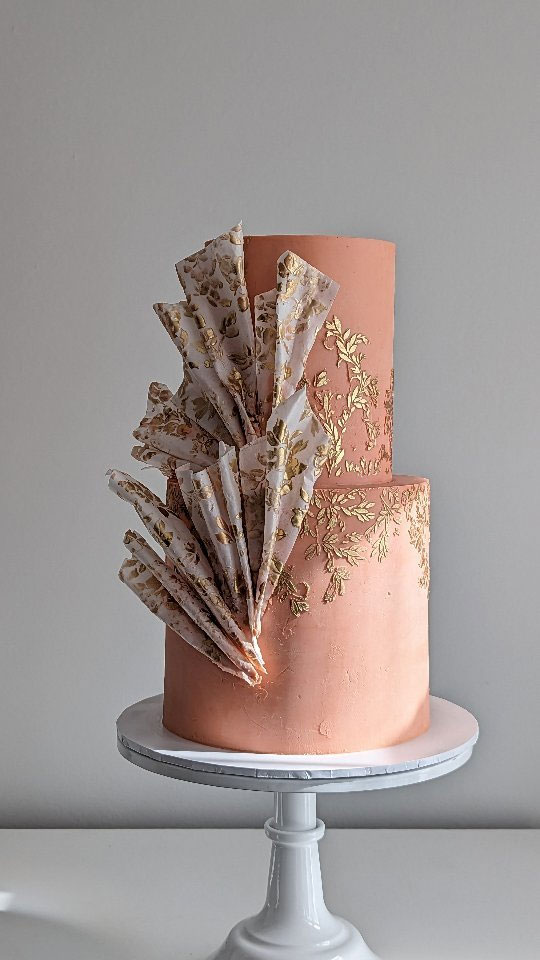 50 Artistic Masterpiece Wedding Cakes : Coral Ganache With Gold Stencil