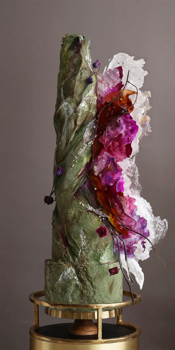 50 Artistic Masterpiece Wedding Cakes : Green Marble Rock Cake with Pink Wafer Paper