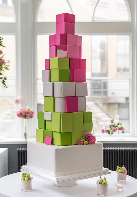 50 Artistic Masterpiece Wedding Cakes : Bright Colour Block Cake