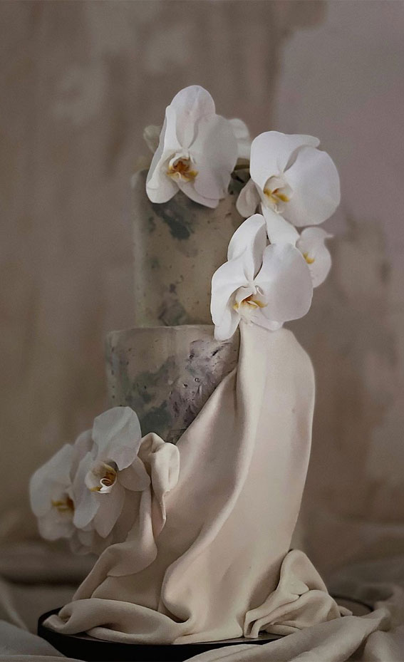 50 Artistic Masterpiece Wedding Cakes : Ethereal Neutral Drape Cake + Orchids