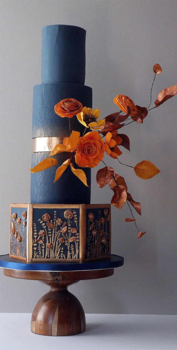 50 Artistic Masterpiece Wedding Cakes : Navy Blue Wedding Cake with Gold Flower Details