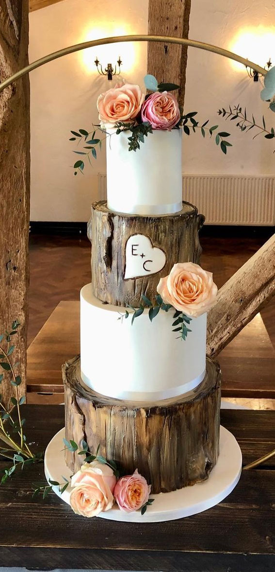 Woodland-inspired Wedding Cake Ideas : White & Wood Effect 4 Tiers
