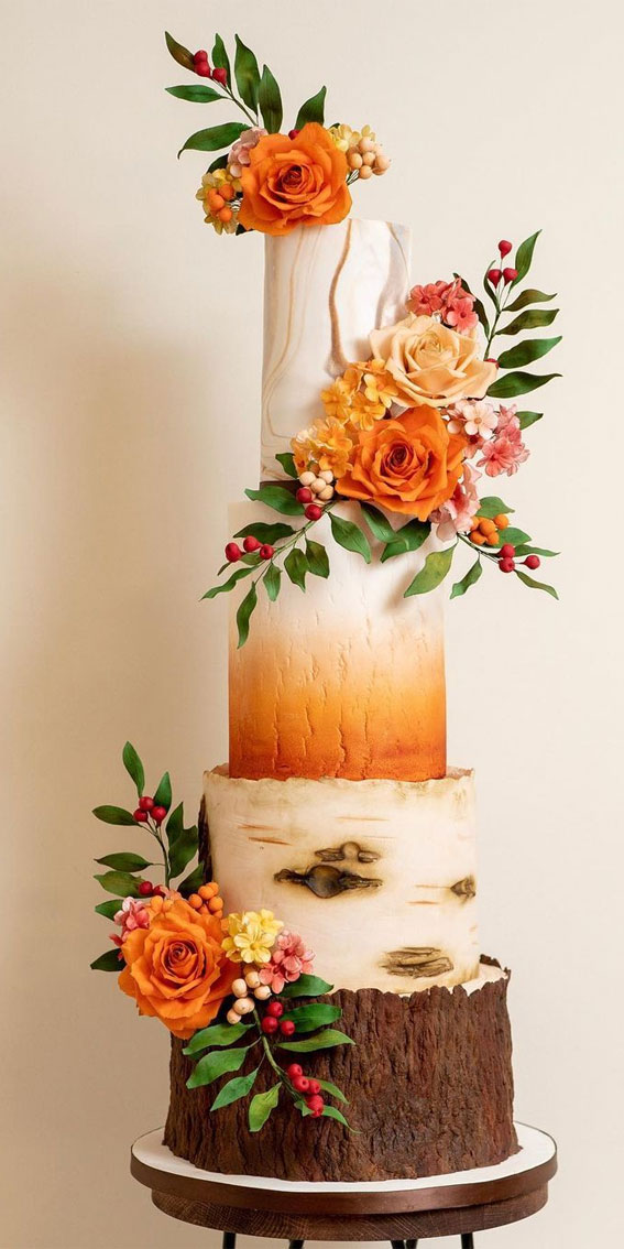 Woodland-inspired Wedding Cake Ideas : Wood Effect + Autumn Sunset Cake