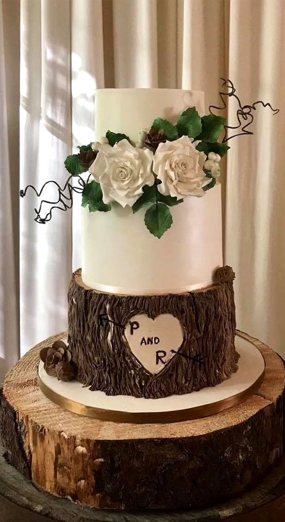 Woodland-inspired Wedding Cake Ideas : Two White Tiers with Tree Stump Bottom Tier