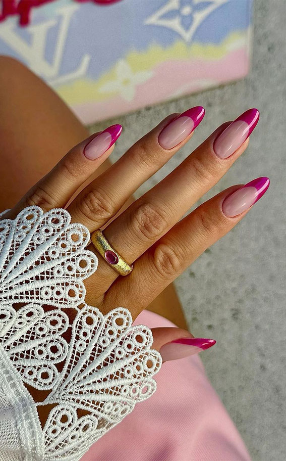 40 Expressive Fall Nail Art Designs to Flaunt : Magenta French Tip Almond Nails