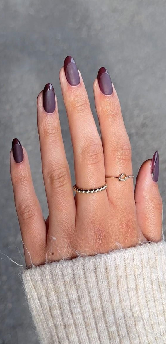 40 Expressive Fall Nail Art Designs to Flaunt : Matte Plum Nails with Glossy Plum French Tips