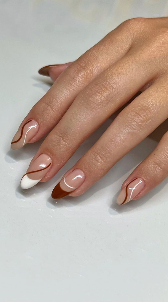 40 Expressive Fall Nail Art Designs to Flaunt : White and Brown Swirl & French Nails