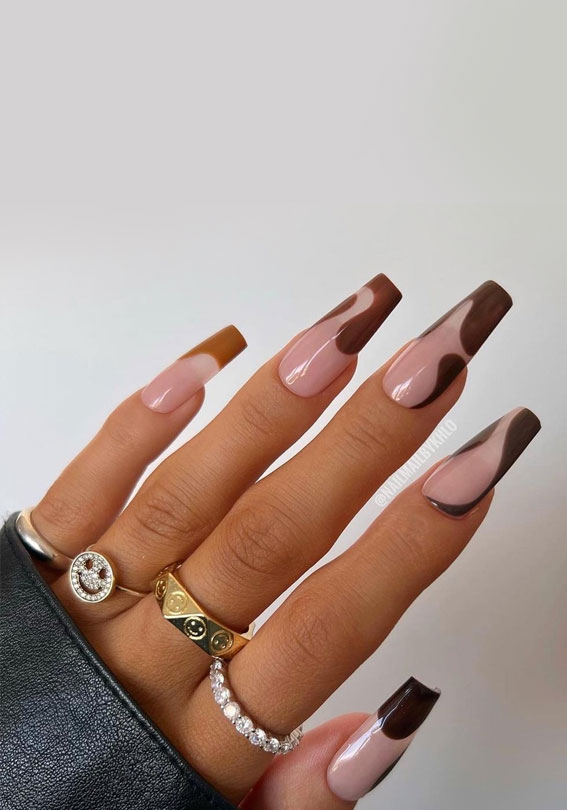 40 Expressive Fall Nail Art Designs to Flaunt : Brown Toned on Sheer Coffin Press On Nails