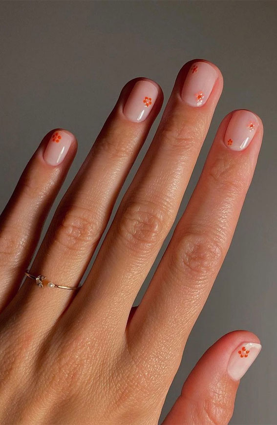 40 Expressive Fall Nail Art Designs to Flaunt : Orange Flower on Natural Nails