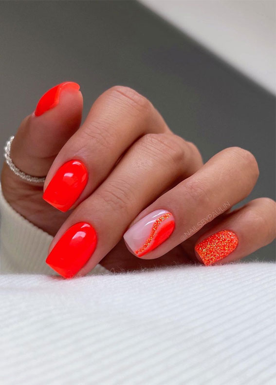 Chic Short Nail Art Designs for Maximum Style : Orange Nails with Sparkle