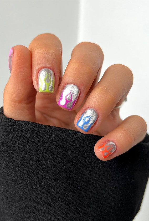 Chic Short Nail Art Designs for Maximum Style : Chrome Short Nails with Colourful Flame