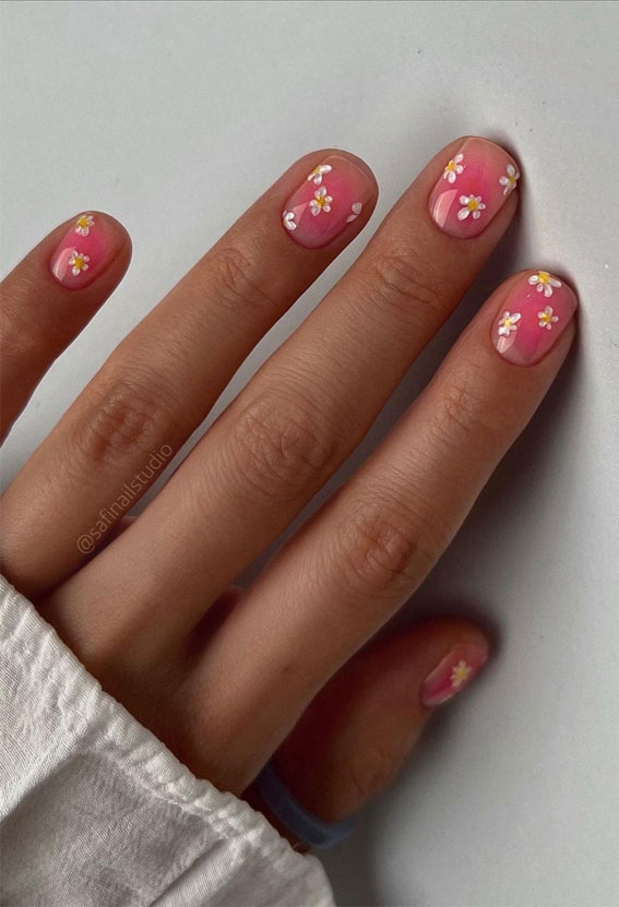 Chic Short Nail Art Designs for Maximum Style : Pink Aura 3D Floral Nails