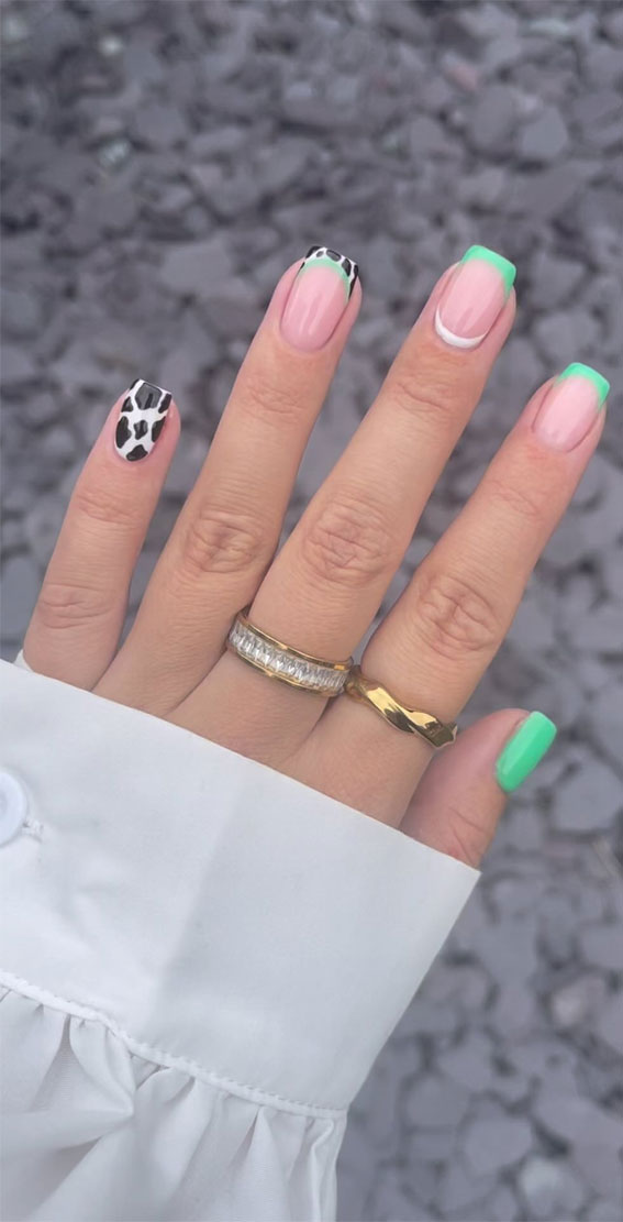 Chic Short Nail Art Designs for Maximum Style : Cow Print + Green French Nails