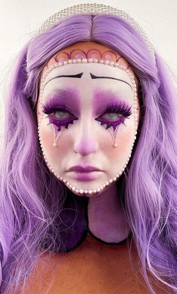 40+ Spooky Halloween Makeup Transformation Ideas : Sad Crown Pearl Purple Face