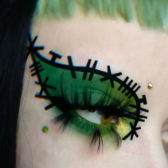 40+ Spooky Halloween Makeup Transformation Ideas : Green Frankenstein Eye Makeup Look