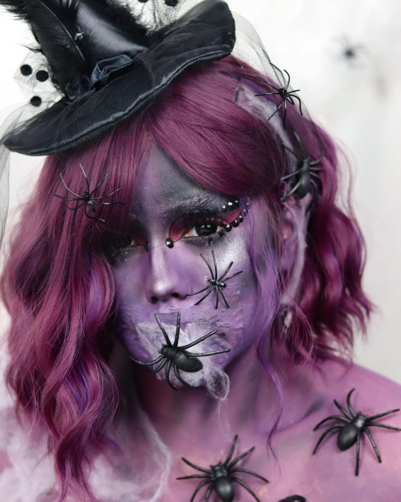 40+ Spooky Halloween Makeup Transformation Ideas : Purple Witch with Spiders