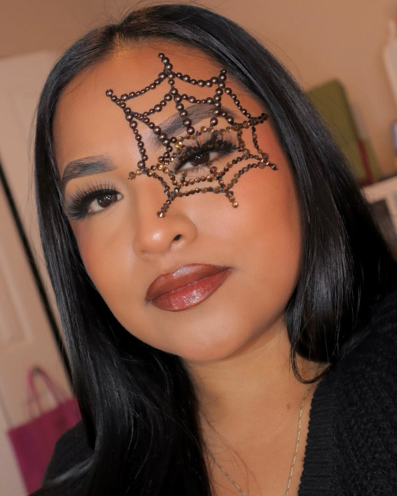 40+ Spooky Halloween Makeup Transformation Ideas : Glam Rhinestone Spider Web