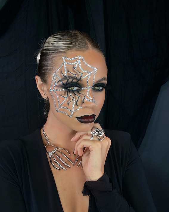 40+ Spooky Halloween Makeup Transformation Ideas : Rhinestone Spider Web + Creepy Spider
