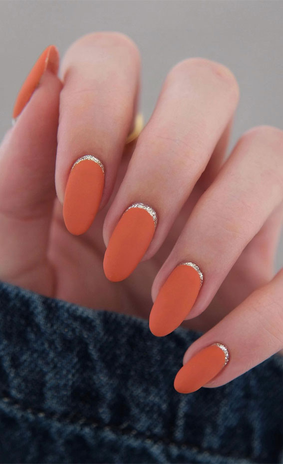 50+ Charming Fall Nail Art to Adorn Your Tips : Matte Burnt Orange Nails with Gold Reverse French