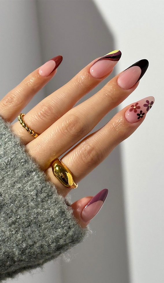 50+ Charming Fall Nail Art to Adorn Your Tips : Brown Swirl + Flower + French Tip Nails