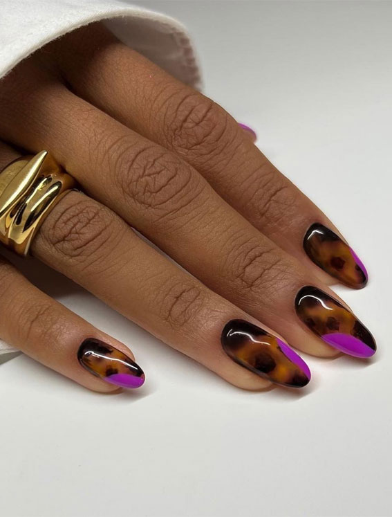 50+ Charming Fall Nail Art to Adorn Your Tips : Tortoiseshell Nails with Purple Accents