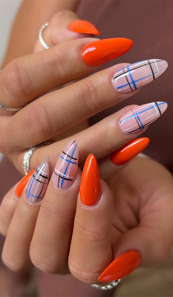 50+ Charming Fall Nail Art to Adorn Your Tips : Orange + Blue Plaid Nails