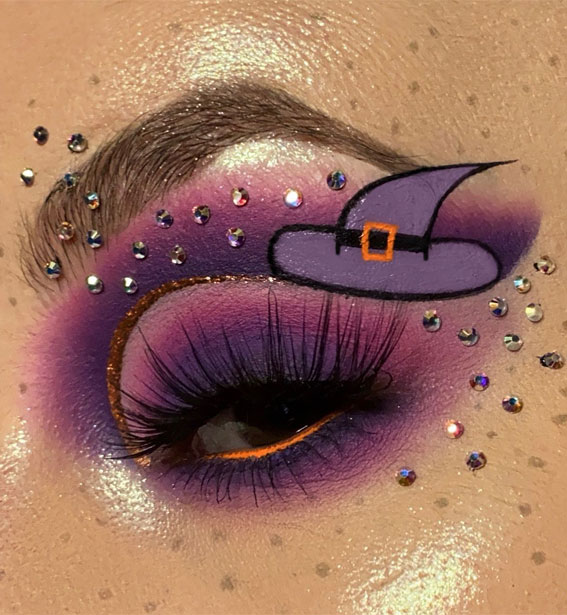 Ghoulish Glam 50+ Spooky Halloween Eye Makeup Ideas : Witch’s Hat Purple Shades