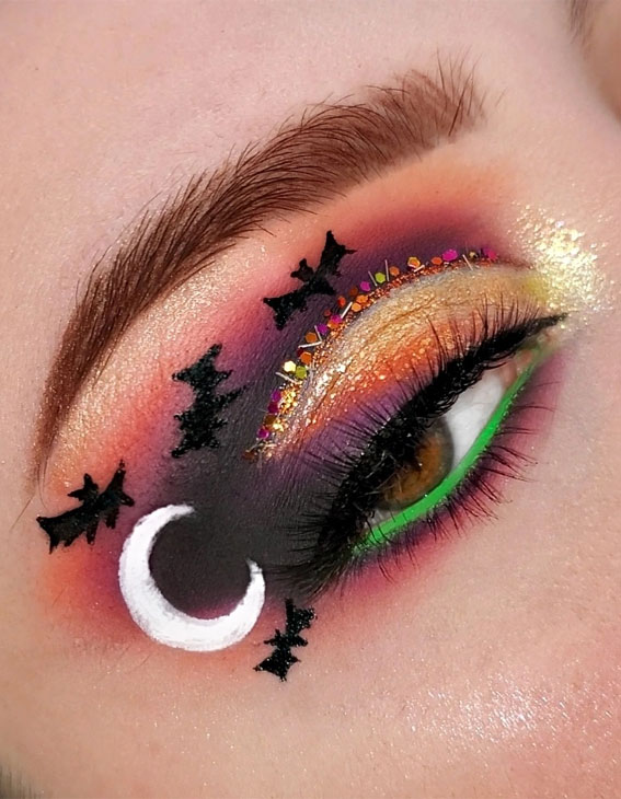 Ghoulish Glam 50+ Spooky Halloween Eye Makeup Ideas : Spooky Night Crescent Moon + Bats