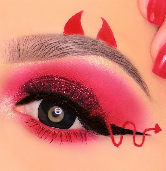 Ghoulish Glam 50+ Spooky Halloween Eye Makeup Ideas : Glittery Little Devil Eye Makeup