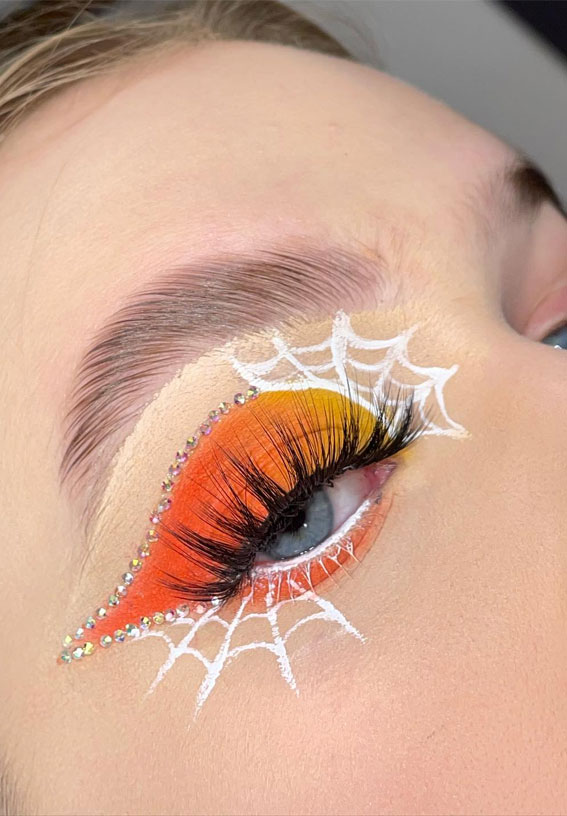 Ghoulish Glam 50+ Spooky Halloween Eye Makeup Ideas : Sunset Eyeshadow + White Cob Webs