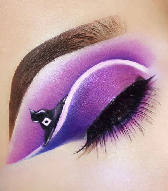 Ghoulish Glam 50+ Spooky Halloween Eye Makeup Ideas : Purple Eyeshadow + Witch’s Hat