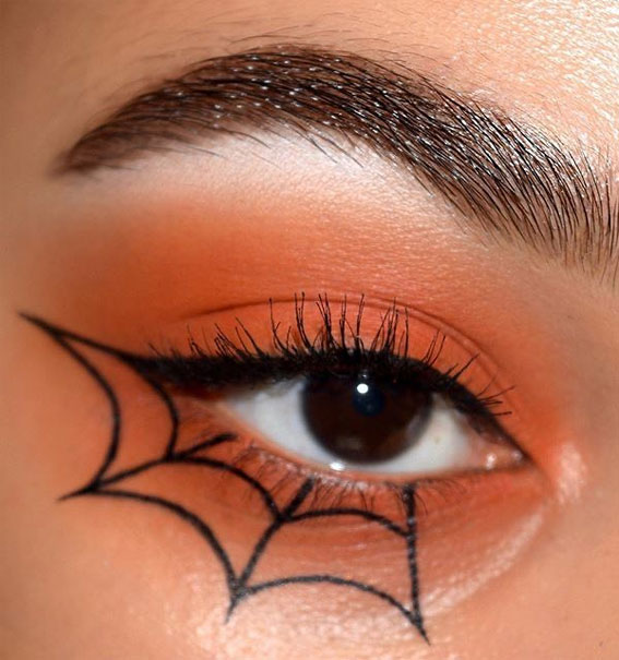 Ghoulish Glam 50+ Spooky Halloween Eye Makeup Ideas : Orange Eyeshadow + Spider Web