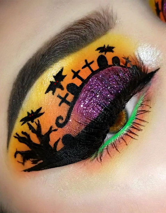 Ghoulish Glam 50+ Spooky Halloween Eye Makeup Ideas : Crosses and Tombstones look