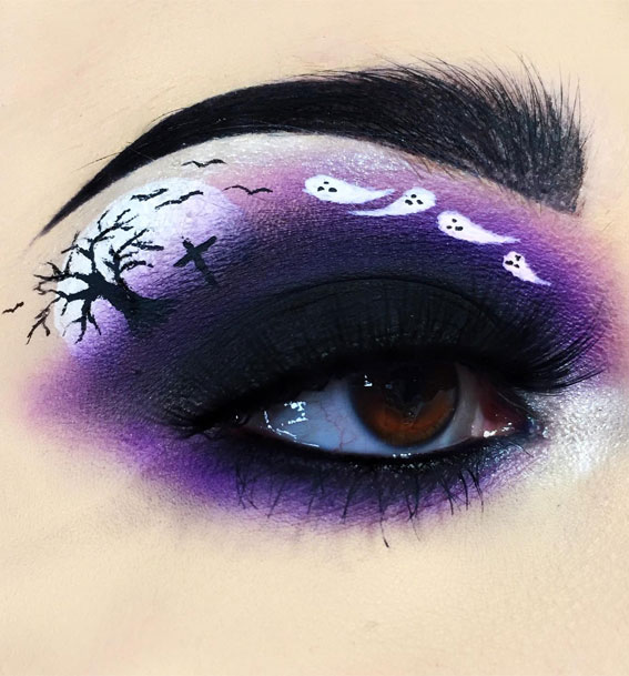 Ghoulish Glam 50+ Spooky Halloween Eye Makeup Ideas : Graveyard at Purple Night + Ghosts