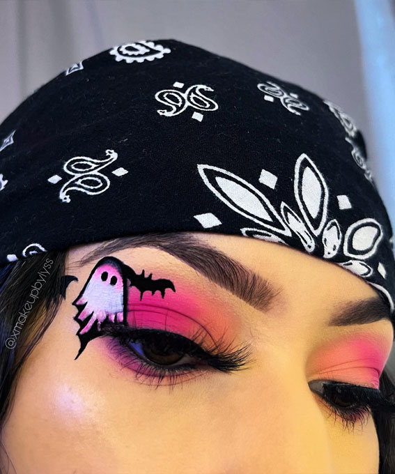 Ghoulish Glam 50+ Spooky Halloween Eye Makeup Ideas : Pink Ghost + Bat & Pink Eyeshadow