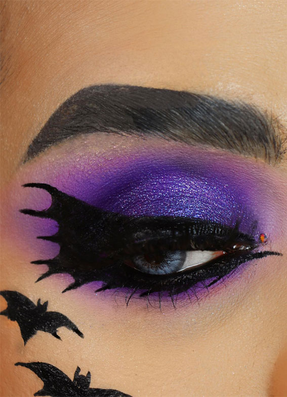 Ghoulish Glam 50+ Spooky Halloween Eye Makeup Ideas : Bats + Bat Wing Purple Eyeshadow