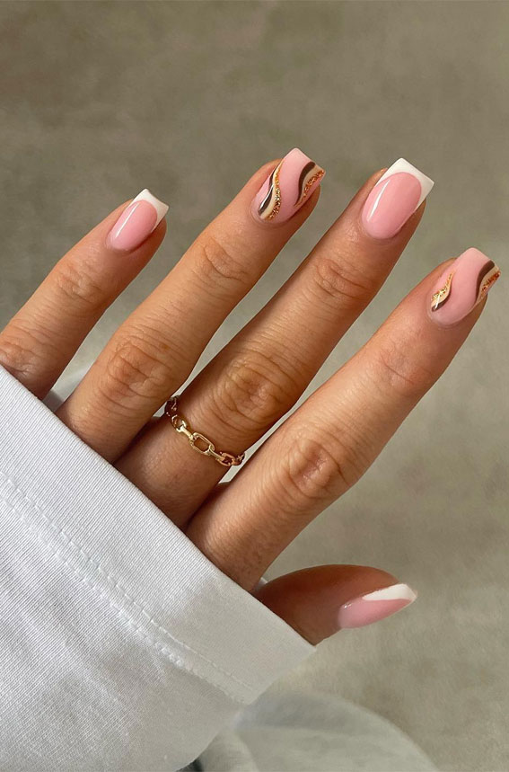50+ Charming Fall Nail Art to Adorn Your Tips : White Tips + Brown Swirl Short Nails