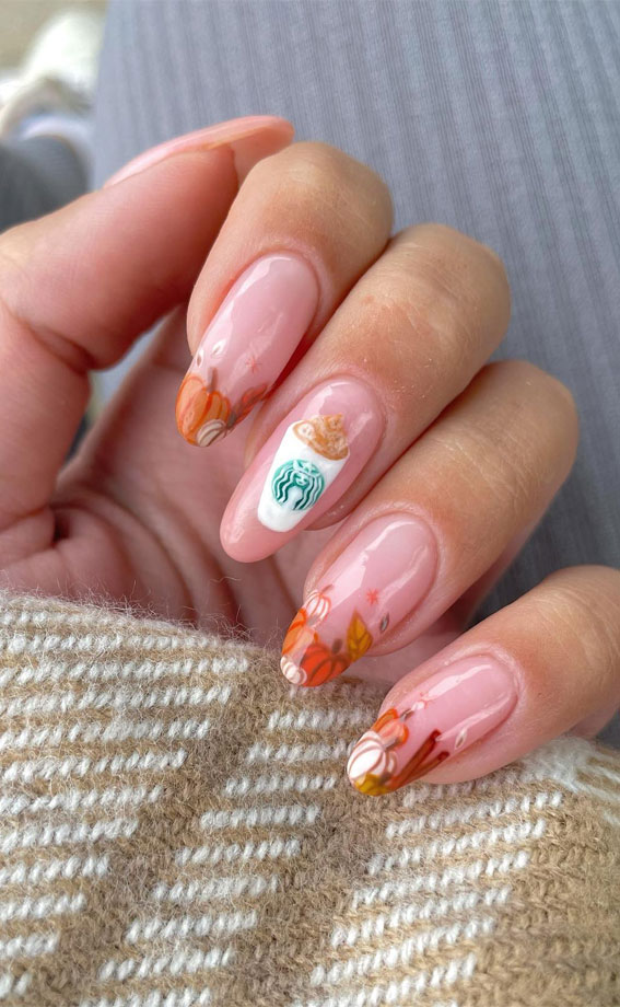 50+ Charming Fall Nail Art to Adorn Your Tips : Starbucks & Pumpkin Tip Nails