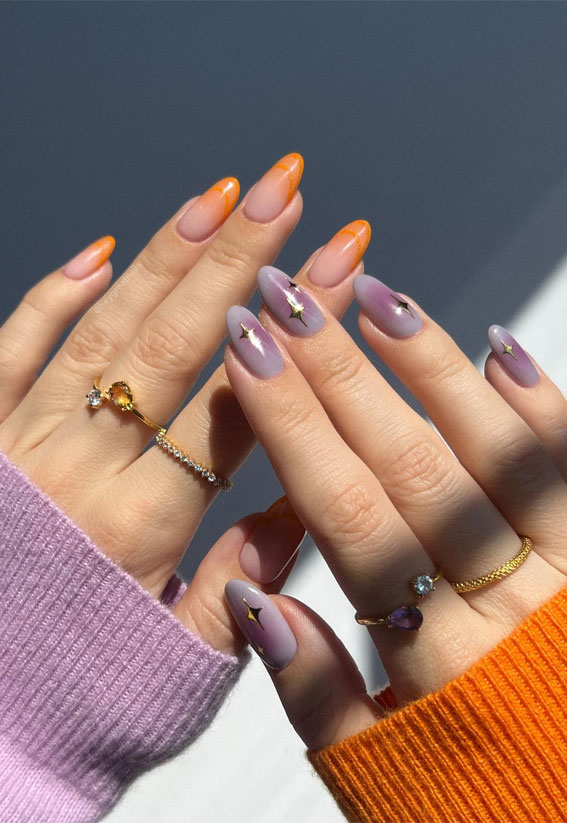 50+ Charming Fall Nail Art to Adorn Your Tips : Purple Aura & Orange Tip Nails