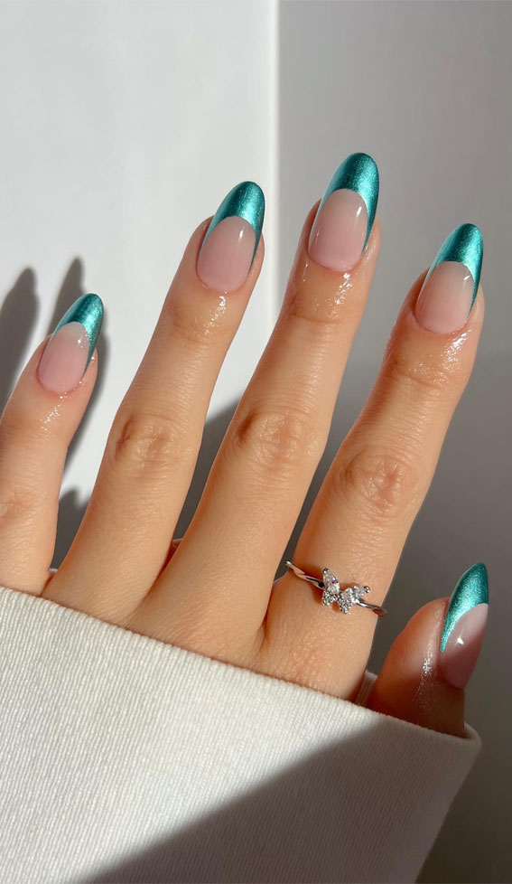 50+ Charming Fall Nail Art to Adorn Your Tips : Chrome Teal French Tip Nails