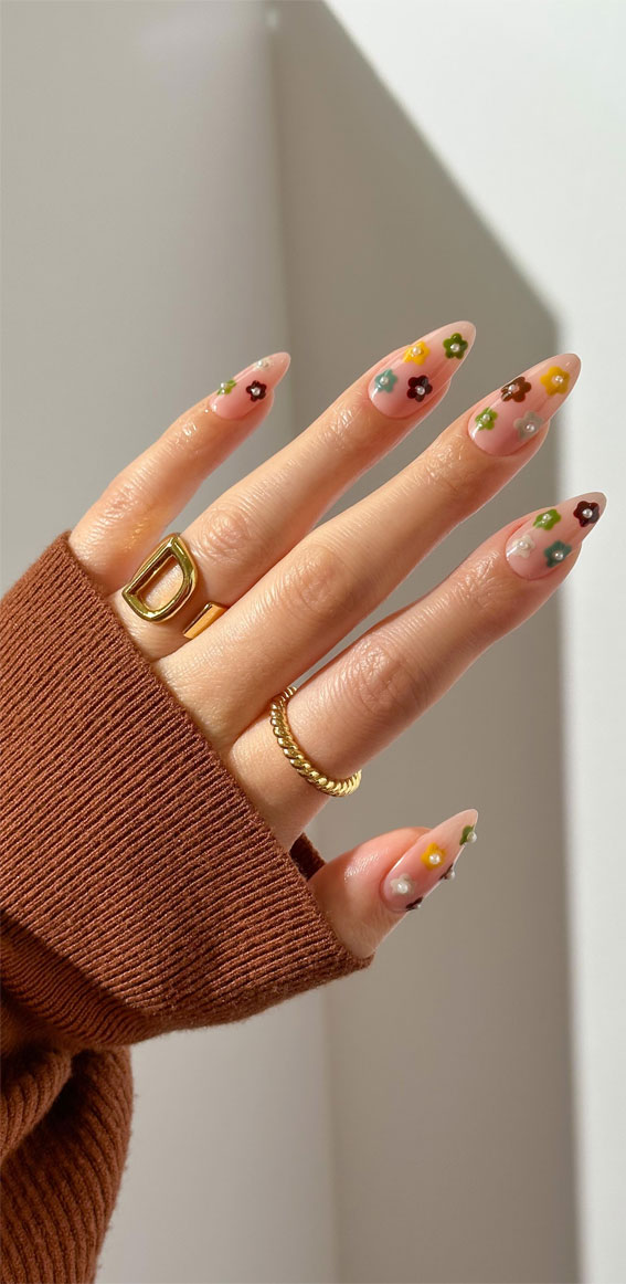 50+ Charming Fall Nail Art to Adorn Your Tips : Autumn Flower Nails with Pearl Accents