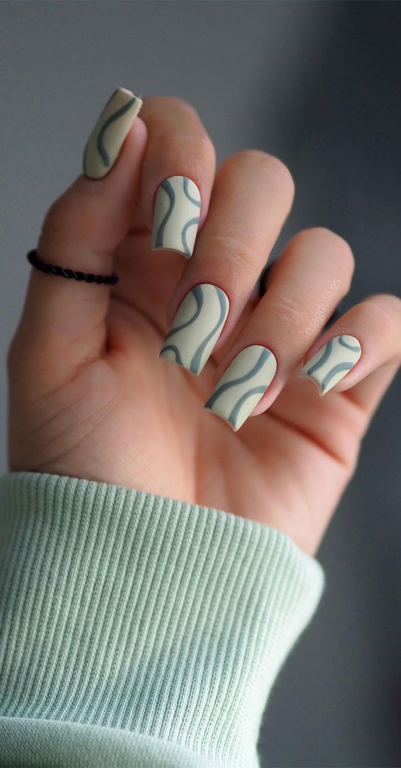 50+ Charming Fall Nail Art to Adorn Your Tips : Matte Soft Green Nails with Green Swirls