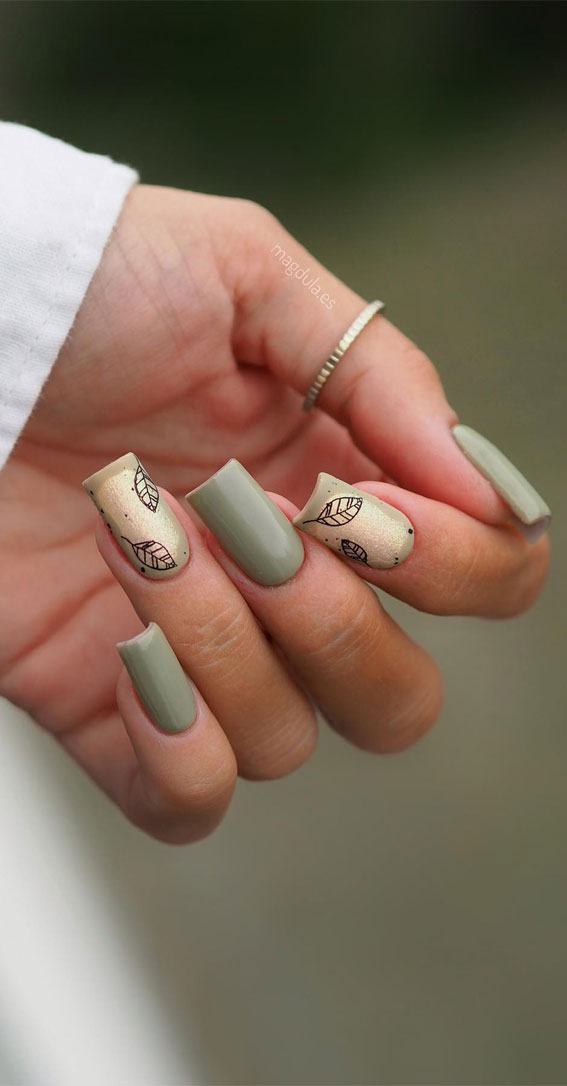 50+ Charming Fall Nail Art to Adorn Your Tips : Sage Green + Beige Nails with Leave Accents