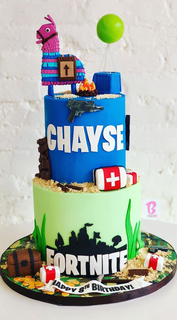 Fortnite Cake Ideas To Inspire You : Two-Tiered Blue & Green Cake