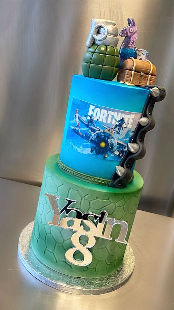 Fortnite Cake Ideas To Inspire You : Two Tier Green & Blue Fortnite Cake