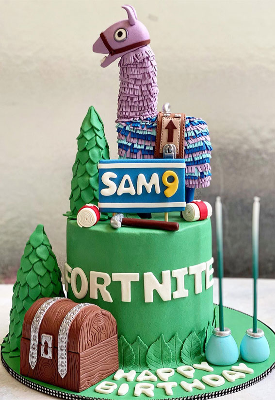 Fortnite Cake Ideas To Inspire You : Soft Green Cake Topped with Loot Llama