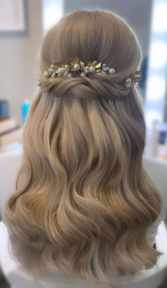 Half up half down with brushed out glam soft waves, half up half down hairstyle, half up half down hairstyles, half up half down wedding hairstyle, wedding hairstyles, half up half down bridal hairstyle, half up half down