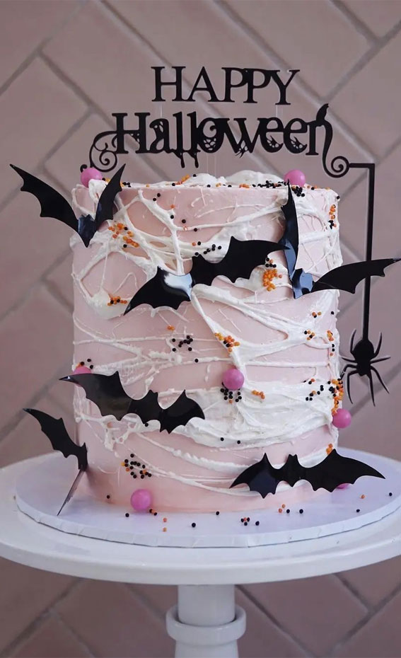 Halloween Cake Ideas for a Frighteningly Delicious Celebration : Pink Cake with Cobwebs + Bats