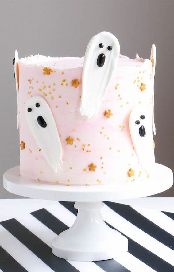 Halloween Cake Ideas for a Frighteningly Delicious Celebration : Light Pink Cake with Brushstroke Ghosties